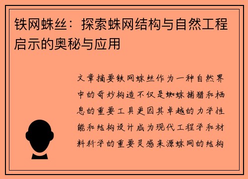 铁网蛛丝：探索蛛网结构与自然工程启示的奥秘与应用